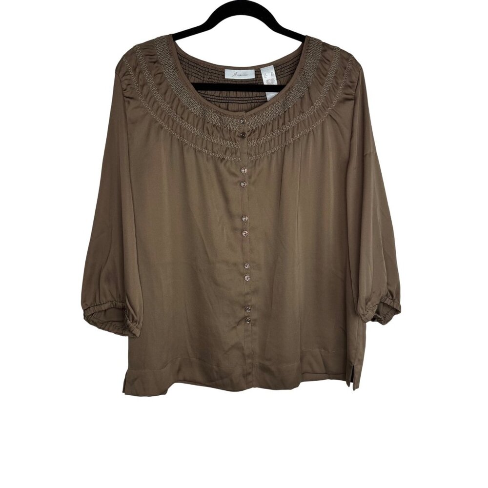 JH Collectibles Womens XL Smocked Neck Button-Front Blouse In Olive Green